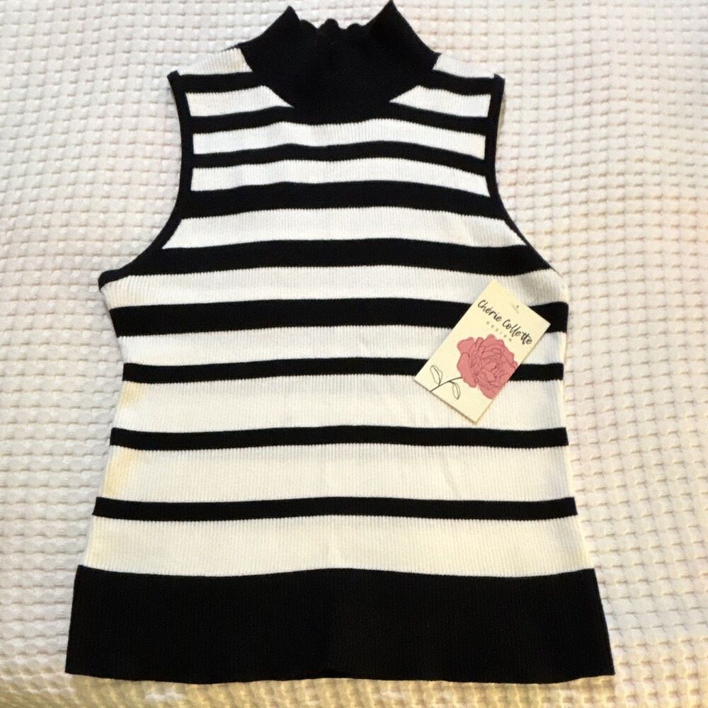 Cherie Collette Black White Striped Knit Mock Neck Ruffle Tank Top M